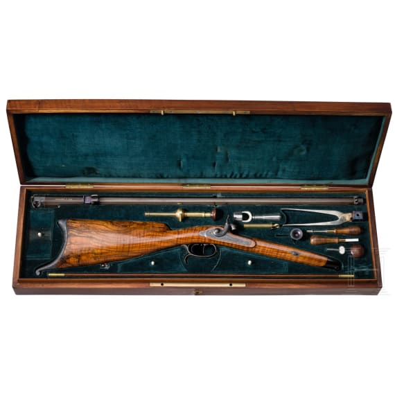 Luxus-Perkussionsb&uuml;chse f&uuml;r Jagd und Scheibenschie&szlig;en, im Kasten, Schneevoight in Lahr, um 1850