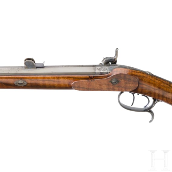 Luxus-Perkussionsb&uuml;chse f&uuml;r Jagd und Scheibenschie&szlig;en, im Kasten, Schneevoight in Lahr, um 1850