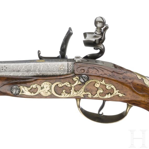 Ein Paar Steinschlosspistolen mit t&uuml;rkischen Beutel&auml;ufen, Johann Michael Limmer in Kronach, um 1730