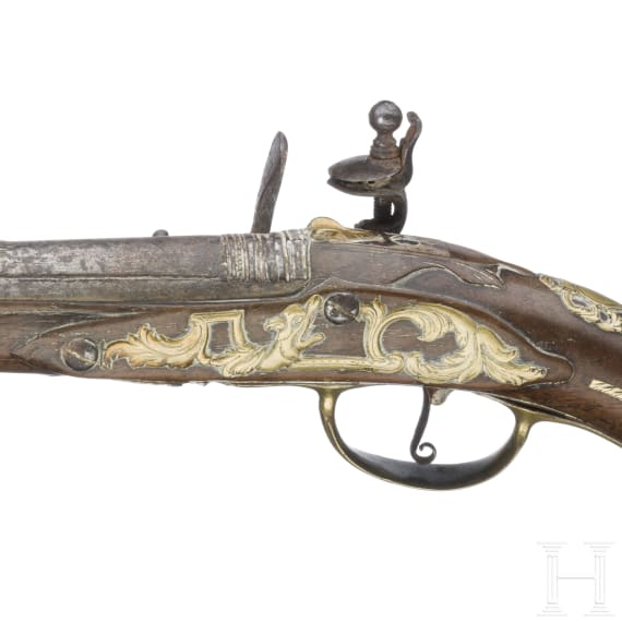 Lange Steinschlosspistole, deutsch, um 1740