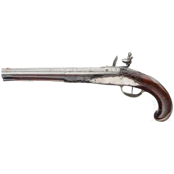 Silbermontierte Steinschlosspistole, Johann Jacob Kucheneuter in Steinweg bei Regensburg, um 1755/60