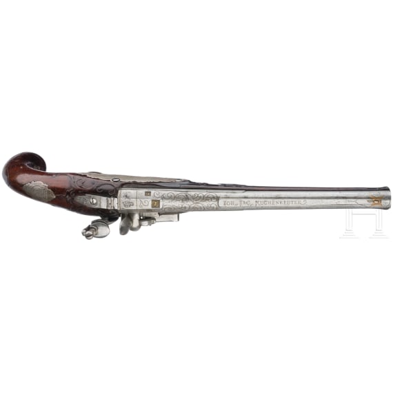Silbermontierte Steinschlosspistole, Johann Jacob Kucheneuter in Steinweg bei Regensburg, um 1755/60