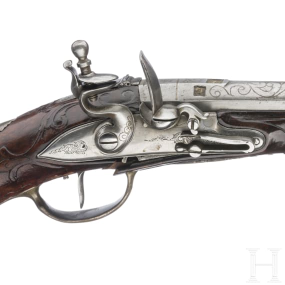 Silbermontierte Steinschlosspistole, Johann Jacob Kucheneuter in Steinweg bei Regensburg, um 1755/60