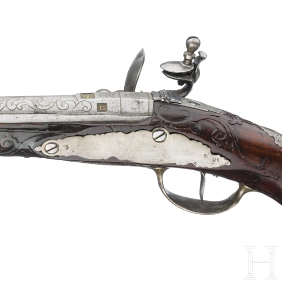 Silbermontierte Steinschlosspistole, Johann Jacob Kucheneuter in Steinweg bei Regensburg, um 1755/60