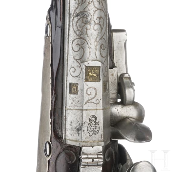 Silbermontierte Steinschlosspistole, Johann Jacob Kucheneuter in Steinweg bei Regensburg, um 1755/60