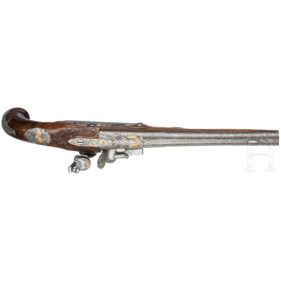 Luxus-Steinschlosspistole mit reichem Eisenschnitt, Suhl, um 1760