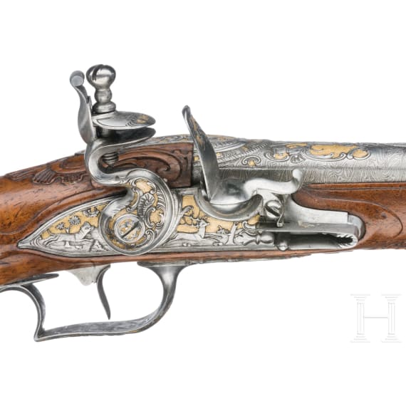 Luxus-Steinschlosspistole mit reichem Eisenschnitt, Suhl, um 1760