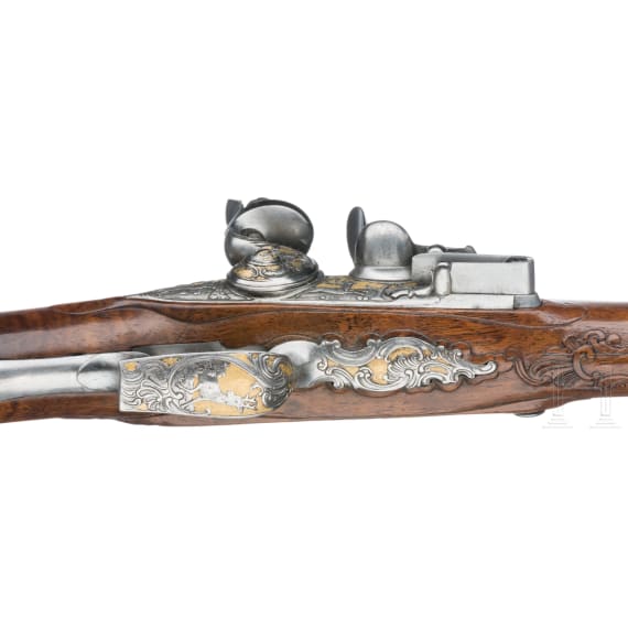 Luxus-Steinschlosspistole mit reichem Eisenschnitt, Suhl, um 1760