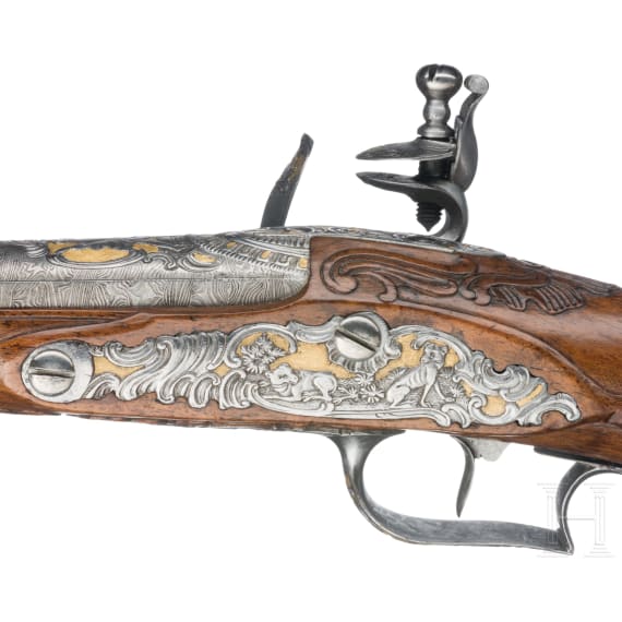 Luxus-Steinschlosspistole mit reichem Eisenschnitt, Suhl, um 1760