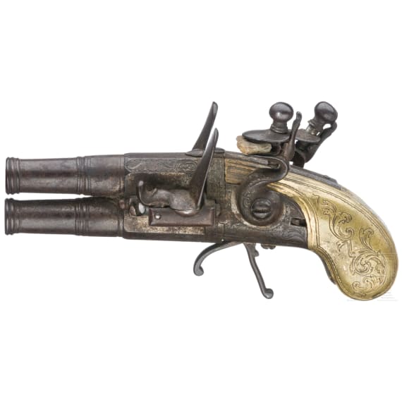 Doppell&auml;ufige Queen-Anne-Taschenpistole, vermutlich fl&auml;misch, um 1760