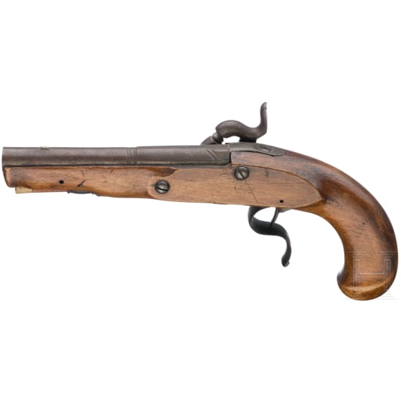 Perkussionspistole und Pulverhorn, um 1800