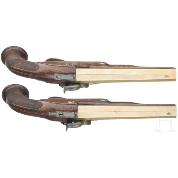 Ein Paar Offizierspistolen mit Messingl&auml;ufen, Frankreich, um 1810