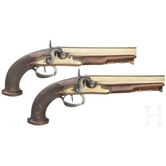 Ein Paar Offizierspistolen mit Messingl&auml;ufen, Frankreich, um 1810