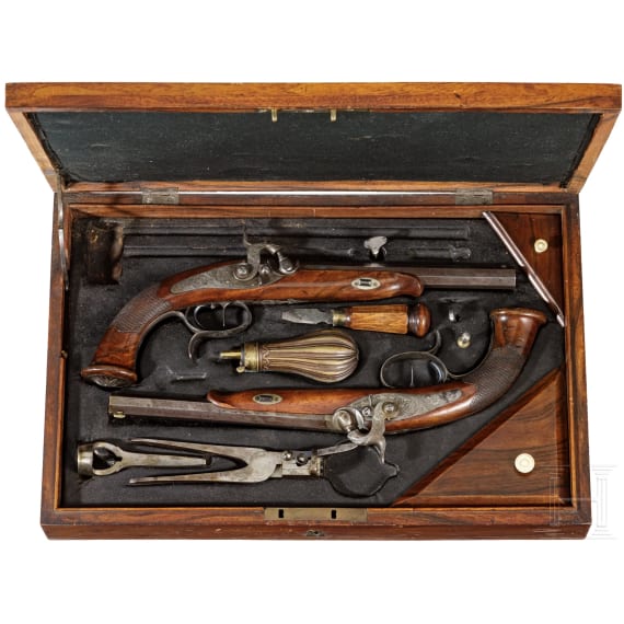 Ein Paar Perkussionspistolen im Kasten, Damm(?) in Elberfeldt, um 1840