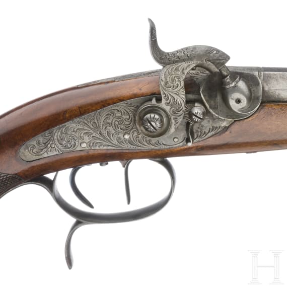 Ein Paar Perkussionspistolen im Kasten, Damm(?) in Elberfeldt, um 1840