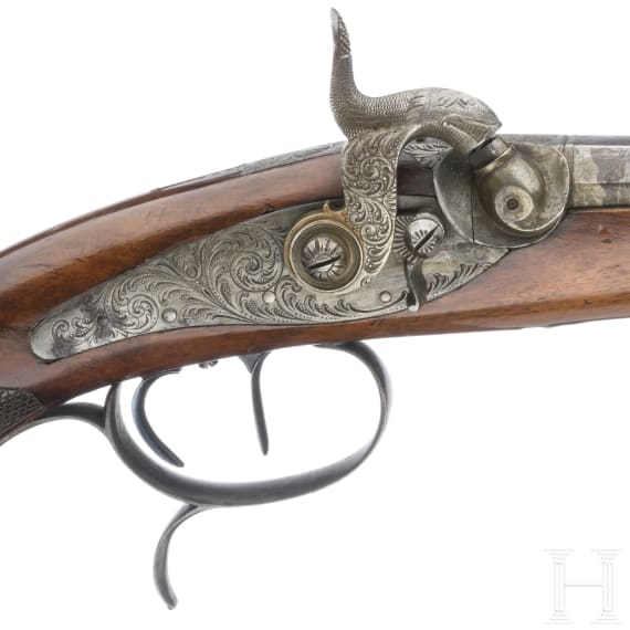 Ein Paar Perkussionspistolen im Kasten, Damm(?) in Elberfeldt, um 1840