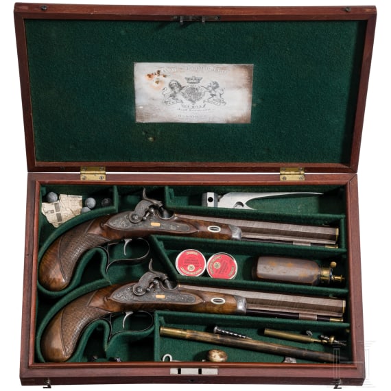 Ein Paar Perkussionspistolen im Kasten, Tanner in Hannover, um 1840