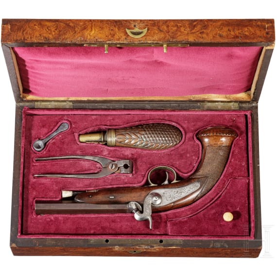 Perkussionspistole im Kasten, L&uuml;ttich, um 1840