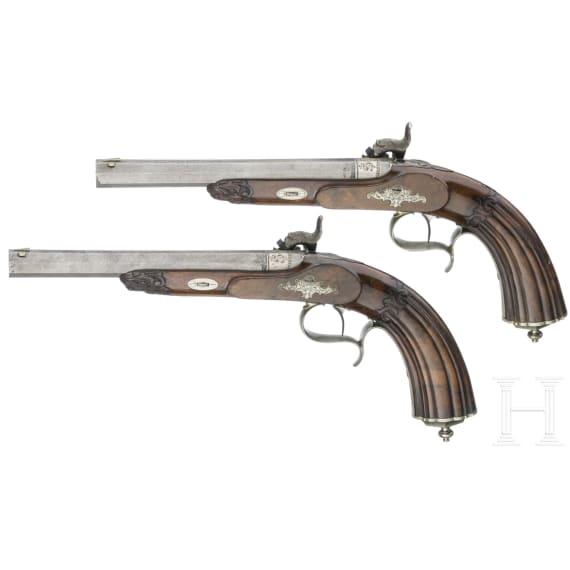 Ein Paar Perkussionspistolen im Kasten, Anton Schaller in Suhl, um 1850