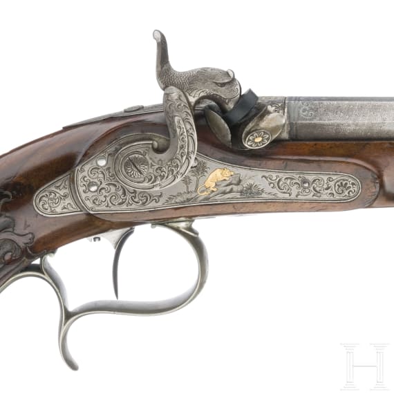 Ein Paar Perkussionspistolen im Kasten, Anton Schaller in Suhl, um 1850