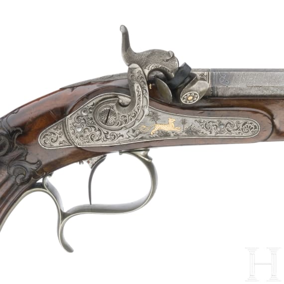 Ein Paar Perkussionspistolen im Kasten, Anton Schaller in Suhl, um 1850