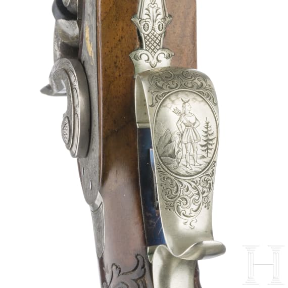 Ein Paar Perkussionspistolen im Kasten, Anton Schaller in Suhl, um 1850