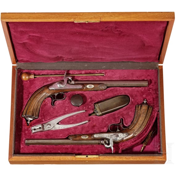 Ein Paar Perkussionspistolen im Kasten, wohl Belgien, um 1850
