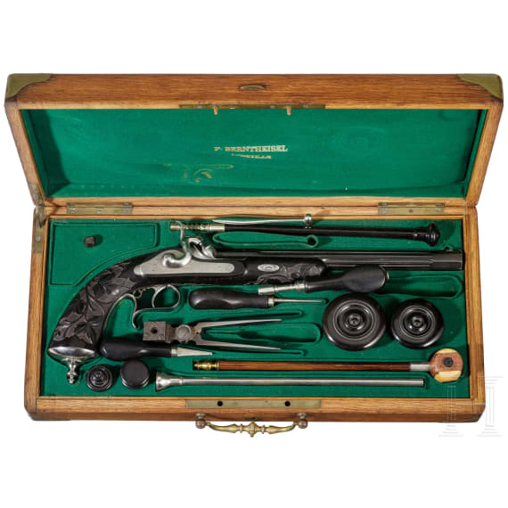 Perkussionspistole im Kasten, Berntheisel in Luneville, um 1850