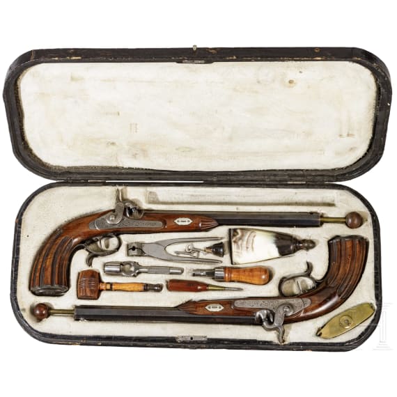 Ein Paar Perkussionspistolen im Kasten, Johann Hafner in Bozen, um 1850
