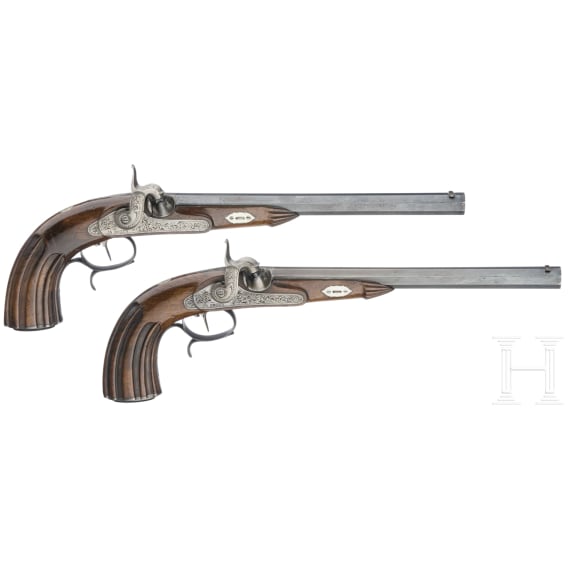 Ein Paar Perkussionspistolen im Kasten, Johann Hafner in Bozen, um 1850