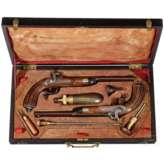 Ein Paar Perkussions-Scheibenpistolen im Kasten, Destraz &agrave; Moudon, um 1850