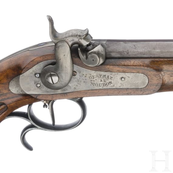 Ein Paar Perkussions-Scheibenpistolen im Kasten, Destraz &agrave; Moudon, um 1850