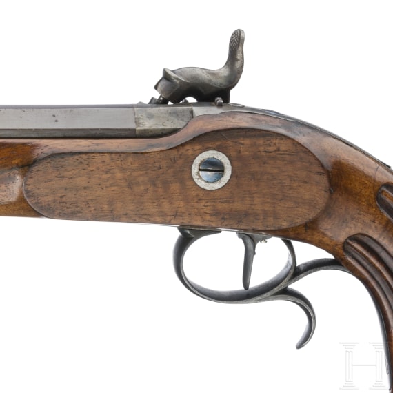 Ein Paar Perkussions-Scheibenpistolen im Kasten, Destraz &agrave; Moudon, um 1850