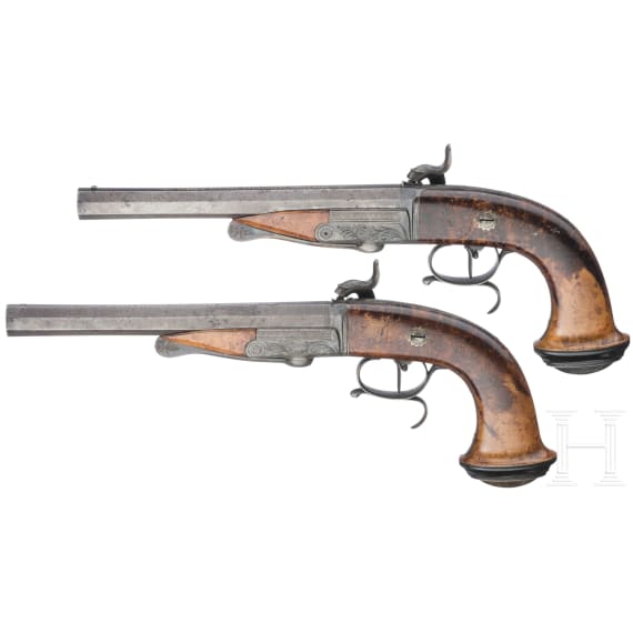 Ein Paar Hinterlader-Perkussionspistolen im Kasten, Frankreich, um 1850