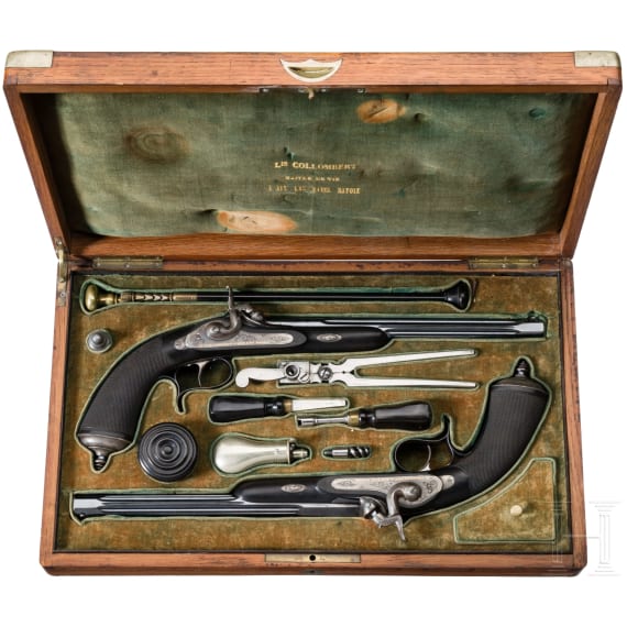 Ein Paar Perkussionspistolen im Kasten, L. Collombert in Aix-les-Bains, um 1850