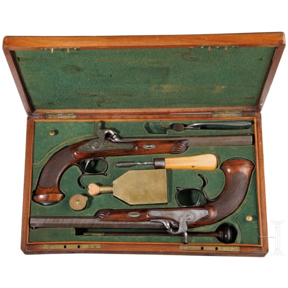 Ein Paar Perkussionspistolen im Kasten, Romain Schaller in Fribourg, um 1850