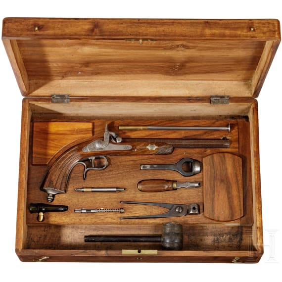 Perkussionspistole im Kasten, L&uuml;ttich, um 1850