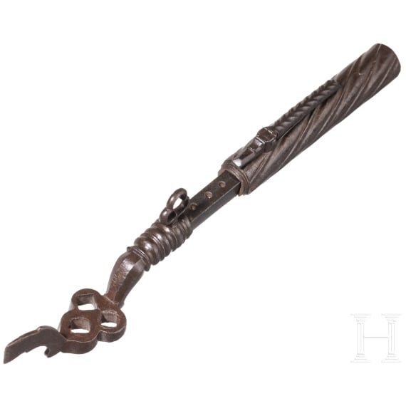 Eisengeschnittener Radschlossschl&uuml;ssel mit Pulverma&szlig;, deutsch, 17. Jhdt.