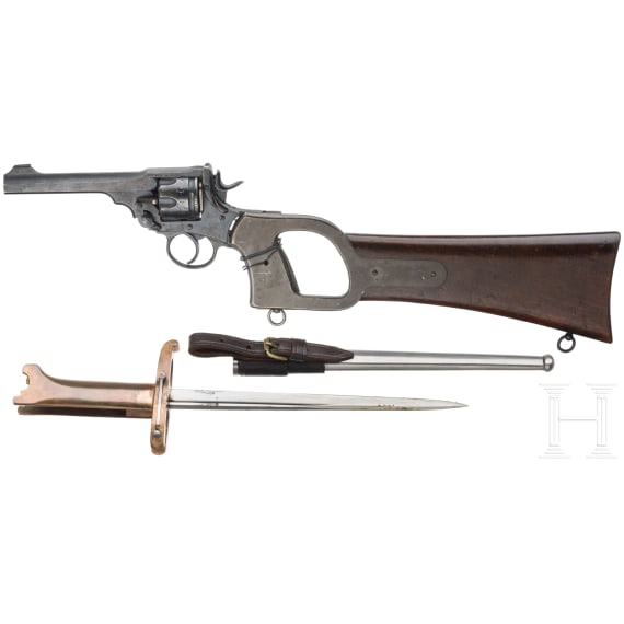 Webley Mark VI Service Revolver mit Anschlagschaft und Bajonett ("Grabenrevolver")