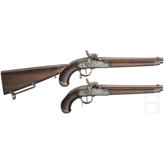 Ein Paar gezogene Kolbenpistolen M 1818/43 mit Anschlagschaft