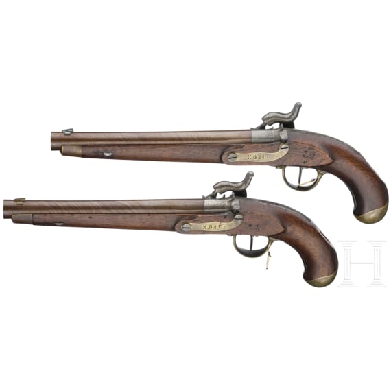 Ein Paar gezogene Kolbenpistolen M 1818/43 mit Anschlagschaft