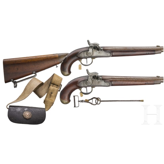 Ein Paar gezogene Kolbenpistolen M 1818/43 mit Anschlagschaft und Zubeh&ouml;r