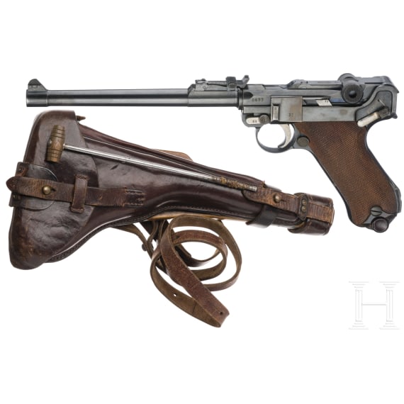 Lange Pistole 08, DWM, 1917, mit Brett und Tasche
