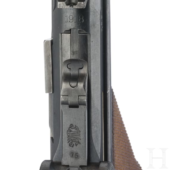 Lange Pistole 08, DWM 1918, mit Brett und Tasche
