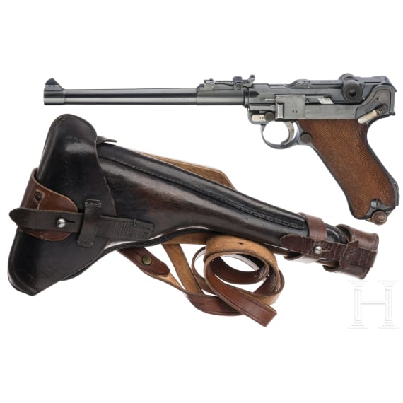 Lange Pistole 08, DWM 1918, mit Brett und Tasche