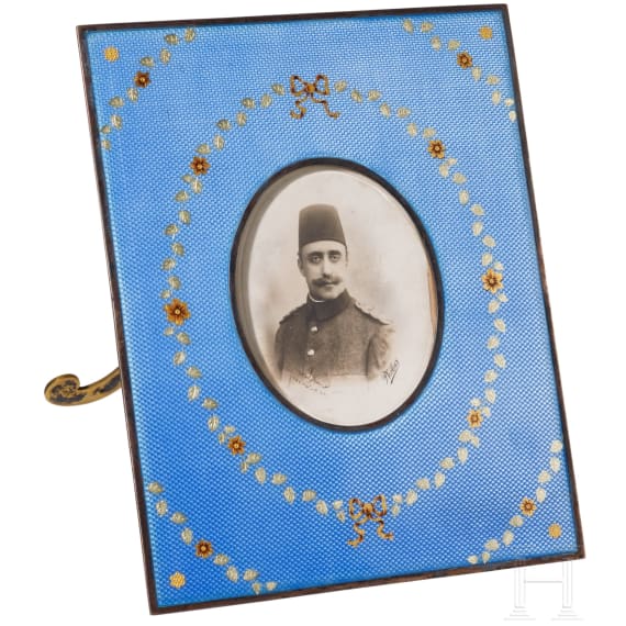 Prince Yusuf Izzeddin Efendi (1857 - 1916) - a signed presentation portrait photo in splendid enameled vermeil frame, dated "1327" (1908)