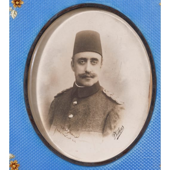 Prince Yusuf Izzeddin Efendi (1857 - 1916) - a signed presentation portrait photo in splendid enameled vermeil frame, dated "1327" (1908)
