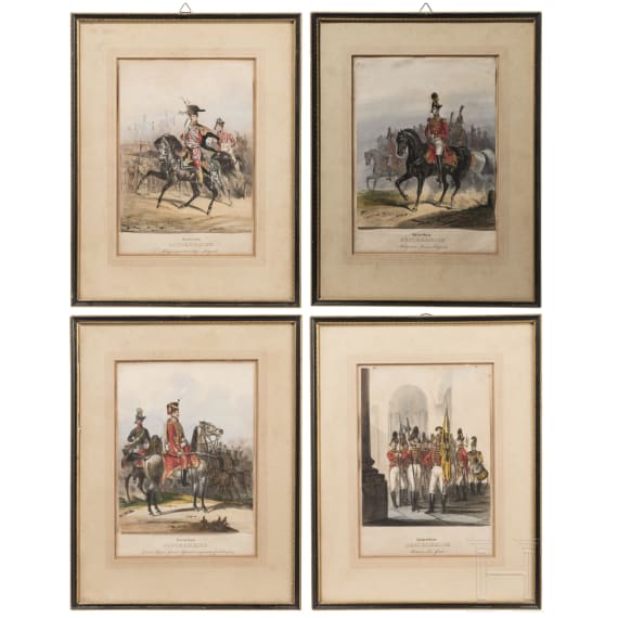 Austrian Empire - four coloured lithographs of guards and generals, 19th/20th century