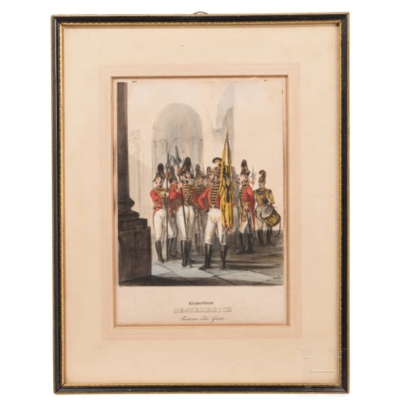 Austrian Empire - four coloured lithographs of guards and generals, 19th/20th century