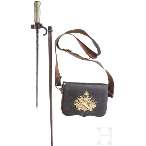 A cartouche box for military musicians and a bayonet, 19th century